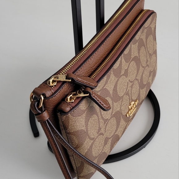 Coach Double Zip Wallet In Signature Canvas Refined Pebble Leather-Brown - Picture 3 of 12